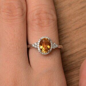 Sterling Silver 925 Oval Citrine & Moissanite Halo Ring